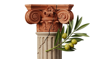 Damaged Ancient Greek Column with Olive Branch