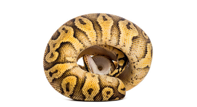 Ball python coiled up on white background