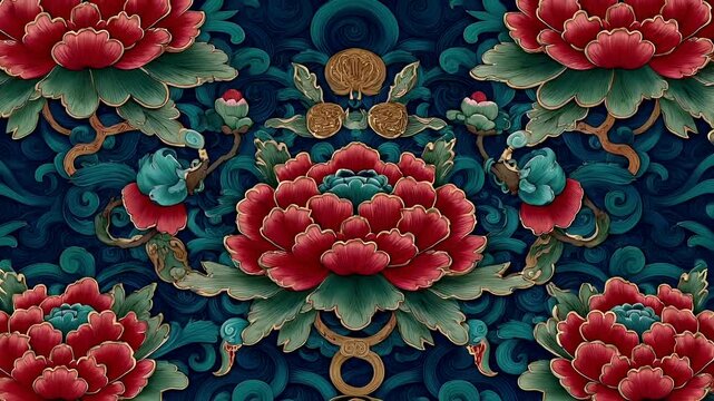 Chinese lunar new year holiday celebration. Spring festival tradition. Chunjie. Asia. A detailed and intricate floral pattern with a richly colored, ornate design. The main subject is a large.