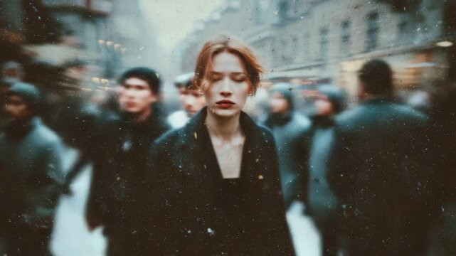 Pensive caucasian young woman amidst blurred urban crowd on street