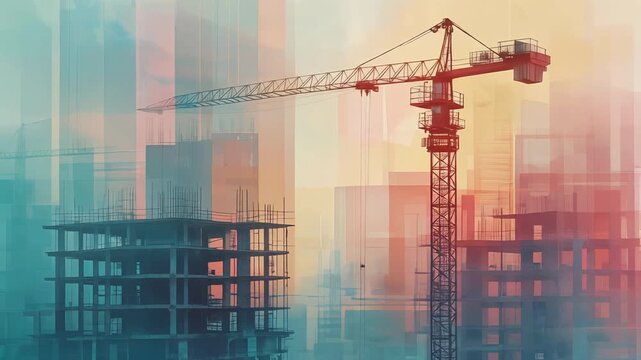 An abstract construction scene with a crane, featuring soft colors and faint outlines 