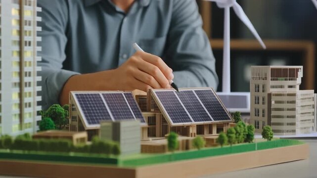 Architect working on model of sustainable green building with solar panels, 