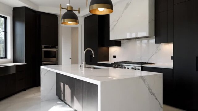 A modern kitchen with a large island and black cabinets in a sleek video tour . use as multipurpose tittle intro, background. product mockup. motion graphics background