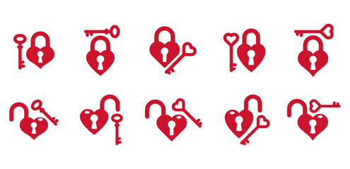heart shaped padlock with key icons set, love security vector design