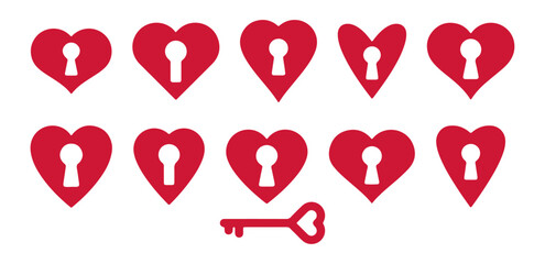 red heart keyhole with key set, love security vector icon