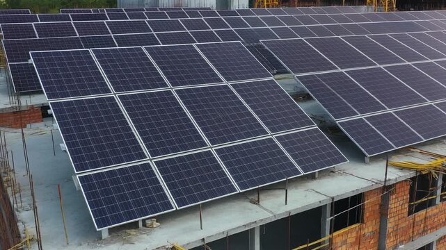 Construction project site featuring new solar panels, green energy theme 