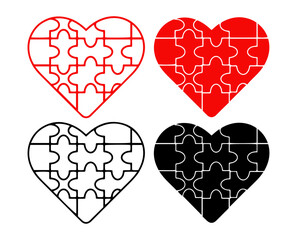 heart puzzle pieces set, mental health and love logic icon