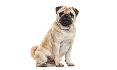 Fawn pug dog sitting on white background looking at viewer