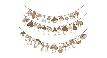 Decorative garland strings featuring a variety of forest mushrooms in earthy colors for autumn celebrations and nature themes.
