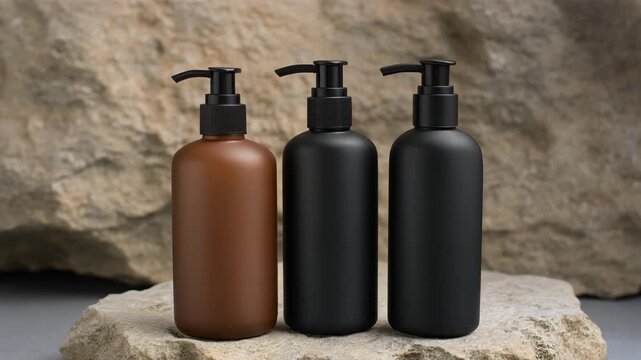 Eco friendly hair products for men and women displayed in brown and black pump bottles with