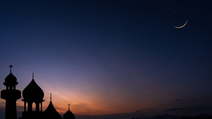 Mosques Dome on dark blue twilight Eid sky and Crescent Moon on background, symbol islamic religion Ramadan and free space for text arabic, Eid al-Adha, Eid al-fitr, Mubarak,Islamic new year Muharram