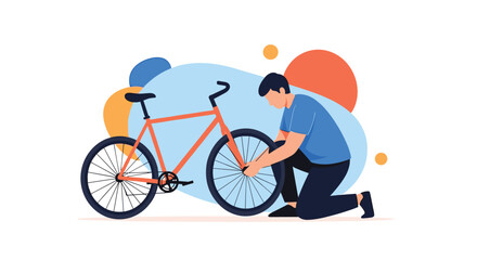 Fototapeta premium Illustration of a man kneeling down to repair the front wheel of his orange bicycle, set against abstract blue and orange background shapes.