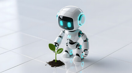 Adorable AI Robot kneeling to plant a small green sapling in the bright, clean white floor. Concept for eco-technology.