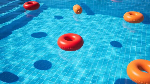 A colorful pool floats floating in a swimming pool on a sunny day . use as multipurpose tittle intro, background. product mockup. motion graphics background