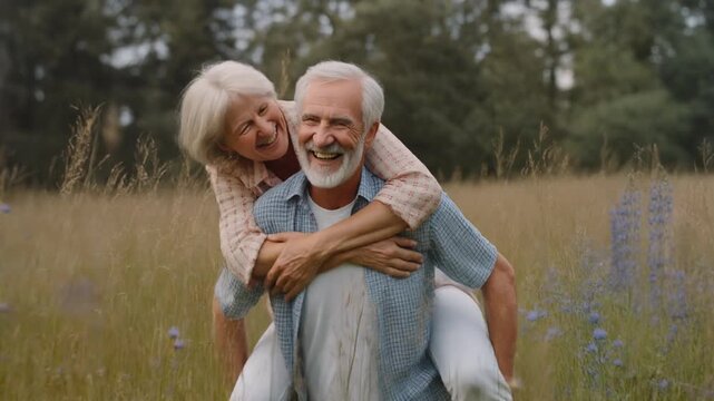 happy senior couple playing in a sunny meadow, man giving woman a piggyback ride, 