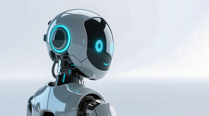 Close-up of an AI robot's head and shoulder from the back, looking thoughtfully towards the bright horizon.