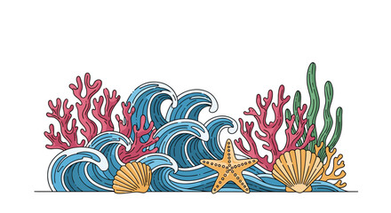Obraz premium Vibrant underwater scene featuring coral reefs, seashells, a starfish, and seaweed amidst deep blue ocean waves.