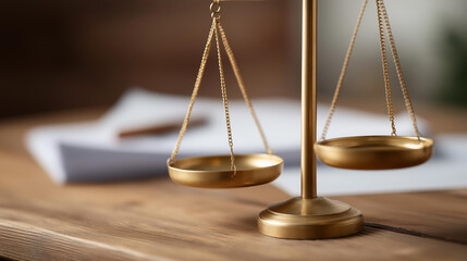 Closeup of brass scale of justice, iconic symbol of fairness and impartial decision making, balanced precariously on wooden desk with scattered legal documents and papers, with cop
