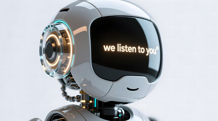 Extreme close-up of an AI robot's head and ear sensor, with "we listen to you" displayed, symbolizing customer service and empathy.