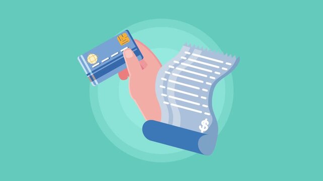 Hand Holding Credit Card and Long Receipt Bill Scroll.