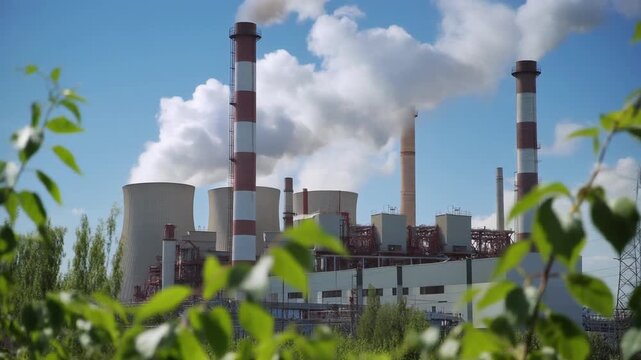 Modern power plant surrounded by green foliage on a sunny day. Clean energy concept