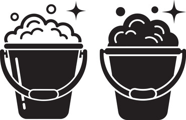 Cleaning buckets with soap silhouette and bubbles vector