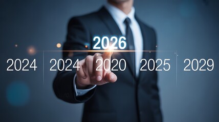 Businessman Pointing to 2026 on Digital Timeline for Strategic Future Planning