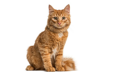 Fototapeta premium Ginger cat sitting and staring on white background