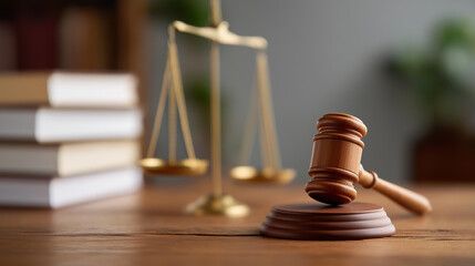 Judge gavel law books and scales of justice on desk in lawyer office, legal justice concept, attorney workspace, judicial authority symbols, courtroom tools display, with copy spac