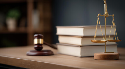 Judge gavel law books and scales of justice on desk in lawyer office, legal justice concept, attorney workspace, judicial authority symbols, courtroom tools display, with copy spac