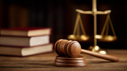 Judge gavel law books and scales of justice on desk in lawyer office, legal justice concept, attorney workspace, judicial authority symbols, courtroom tools display, with copy spac