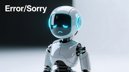 A sad, apologetic robot hangs its head, with ample negative space for "Error" or "Sorry" messaging.