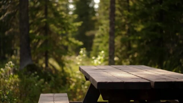 A serene wooden picnic table sits in a peaceful forest clearing in a video . use as multipurpose tittle intro, background. product mockup. motion graphics background