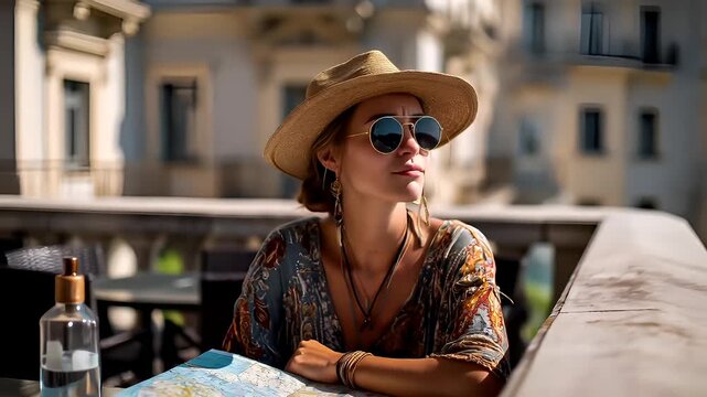 A woman in a straw hat and sunglasses is engrossed in reading a map outdoors. She is seated on a balcony overlooking a cityscape, with the sea visible in the background.