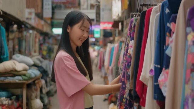 Young teen tourist Gen Z asia female choose look at zero waste eco go green buy second hand.
