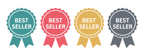 Collection of Four Best Seller Award Ribbons, Different Colors and Styles, Customizable Ribbons for Top Sales, Achievement, and Recognition Designs.