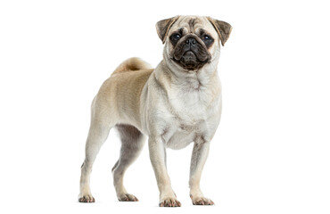 Pug dog standing, purebred pet animal looking at camera