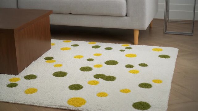 A living room with a white rug and a brown coffee table. The rug has a pattern of yellow
