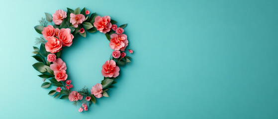 A vibrant floral wreath with pink flowers and greenery against a teal background, creating a charming decorative piece.