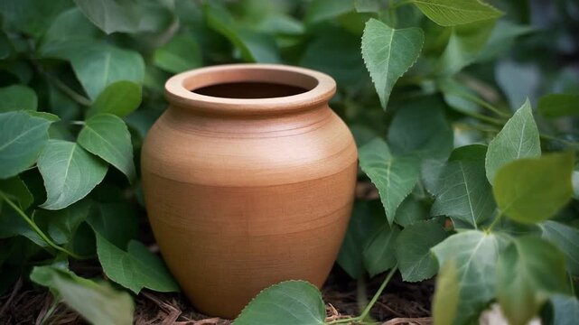 A natural wood urn sits among lush green leaves. This eco friendly container represents 