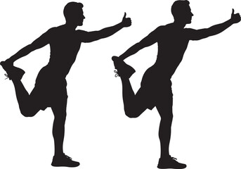 Man silhouette stretching holding foot giving thumbs