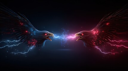 Dramatic battle of eagles with electric energy and red blue highlights - concept of conflict and power