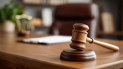 Judge's gavel on table in office, judicial authority tool at workspace, legal decision implement, courtroom equipment display, magistrate's desk item, with copy space