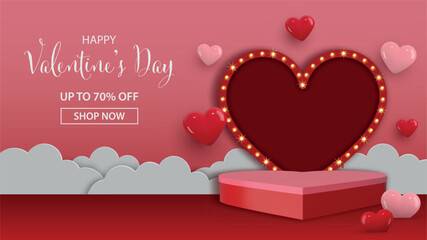 valentine's day sale banner with heart shaped podium, paper clouds and 3d hearts