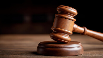 Closeup of gavel in courtroom setting symbolizing justice and legal proceedings, judicial hammer in court environment, legal authority tool representation, courtroom equipment deta