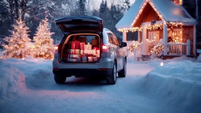 A winter scene featuring a silver SUV with its trunk open, revealing a collection of wrapped presents. The vehicle is parked on a snowy road.