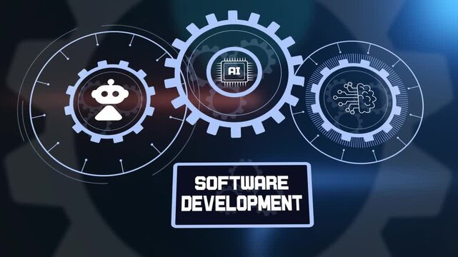 Software development and coding concept with artificial intelligence, robotic icons and mechanical gears.