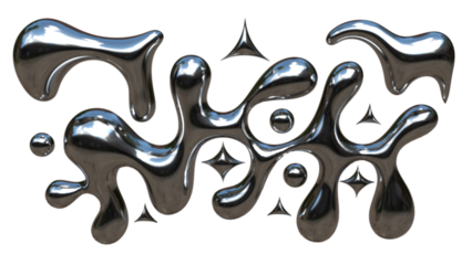 3D Chrome Liquid Abstract Shapes with Metallic Fluid Forms and Star Spark Elements Futuristic Modern Illustration on White Background