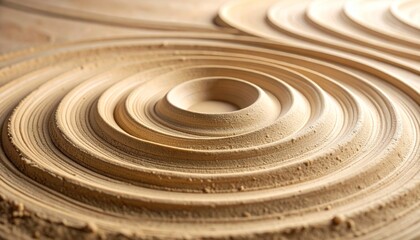 Naklejka premium Close Up of Carved Swirling Concentric Circles on Light Brown Wood Surface