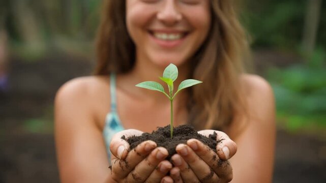 A young woman holding a seedling in dark soil,Hawaii united states of america 